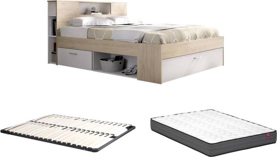 Bed met hoofdeinde met opbergruimte en lades 140 x 190 cm naturel en wit + bedbodem + matras LEANDRE L 218.5 cm x H 95 cm x D 149.6 cm - Foto 2