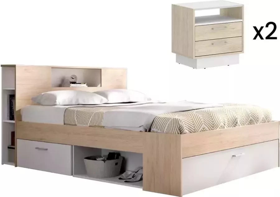 Vente-unique Bed met hoofdeinde met opbergruimte en lades 140 x 190 cm naturel en wit + nachtkastjes LEANDRE L 218.5 cm x H 95 cm x D 149.6 cm - Foto 3