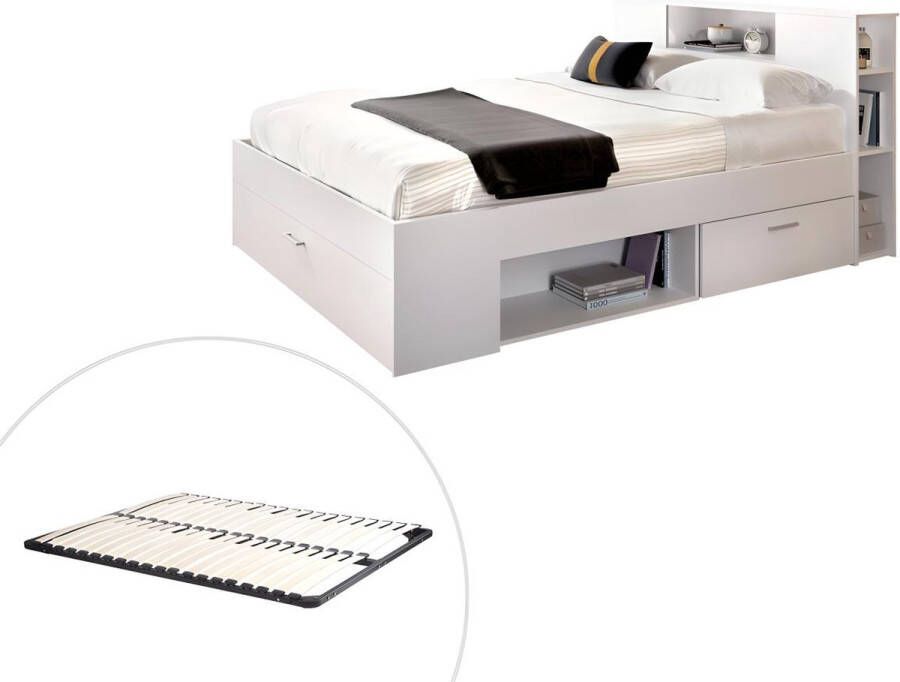 Vente-unique Bed met hoofdeinde met opbergruimte en lades 140 x 190 cm wit + bedbodem LEANDRE L 218.5 cm x H 95 cm x D 149.6 cm