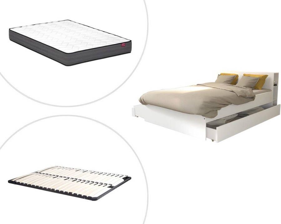 Vente-unique Bed met hoofdeinde met opbergruimte en lades 140 x 190 cm Wit + bedbodem + matras EUGENE L 215.5 cm x H 80 cm x D 144 cm