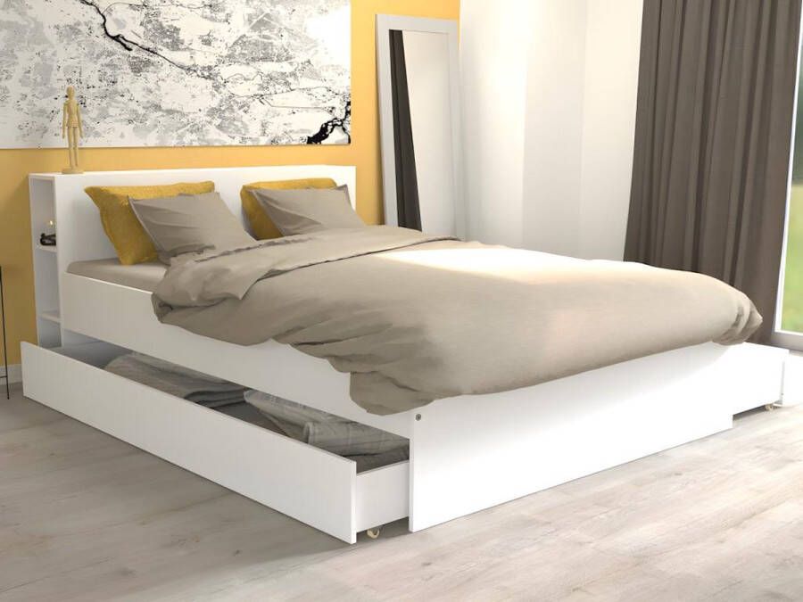 Vente-unique Bed met hoofdeinde met opbergruimte en lades 140 x 190 cm Wit + bedbodem + matras EUGENE L 215.5 cm x H 80 cm x D 144 cm - Foto 2