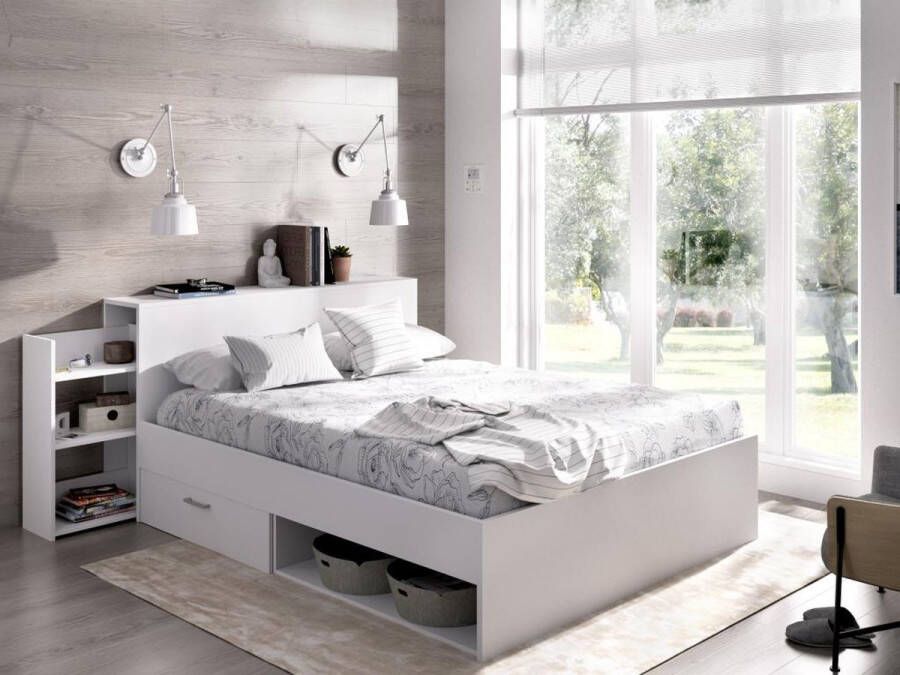 Bed met hoofdeinde met opbergruimte en lades 140 x 190 cm wit + bedbodem + matras FLORIAN L 223 cm x H 83 cm x D 146 cm