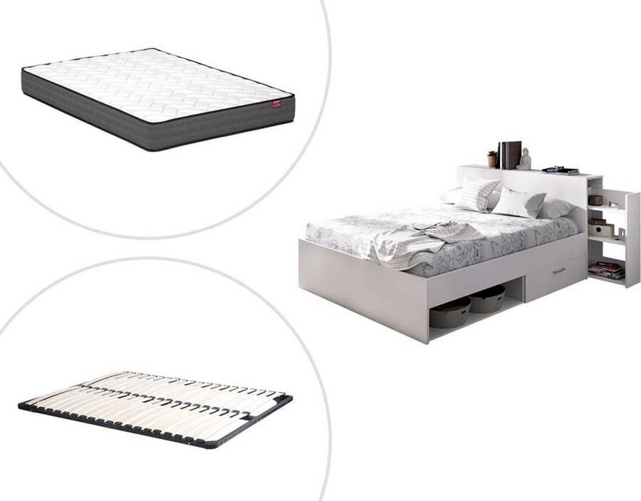Bed met hoofdeinde met opbergruimte en lades 140 x 190 cm wit + bedbodem + matras FLORIAN L 223 cm x H 83 cm x D 146 cm