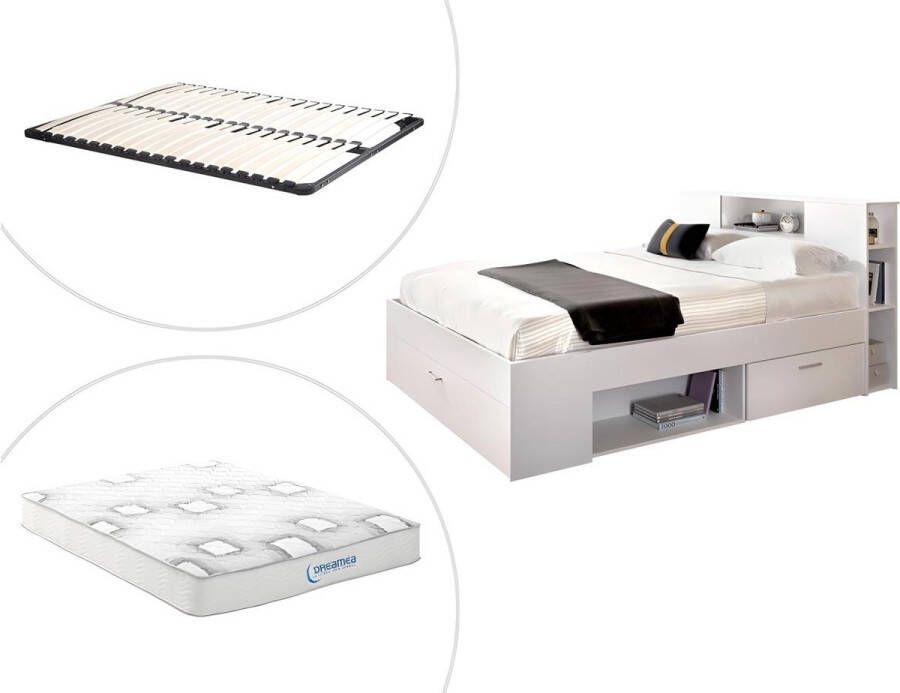Bed met hoofdeinde met opbergruimte en lades 140 x 190 cm wit + bedbodem + matras LEANDRE L 218.5 cm x H 95 cm x D 149.6 cm