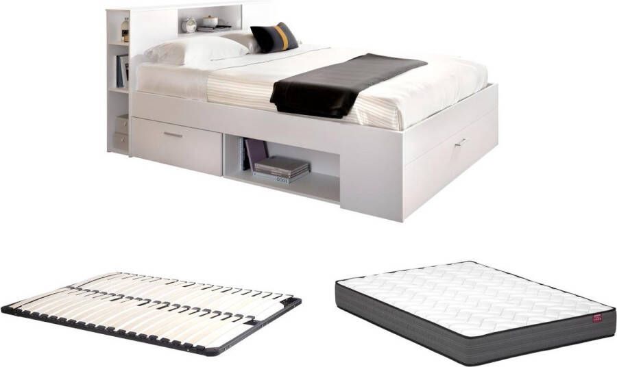 Bed met hoofdeinde met opbergruimte en lades 140 x 190 cm wit + bedbodem + matras LEANDRE L 218.5 cm x H 95 cm x D 149.6 cm - Foto 1
