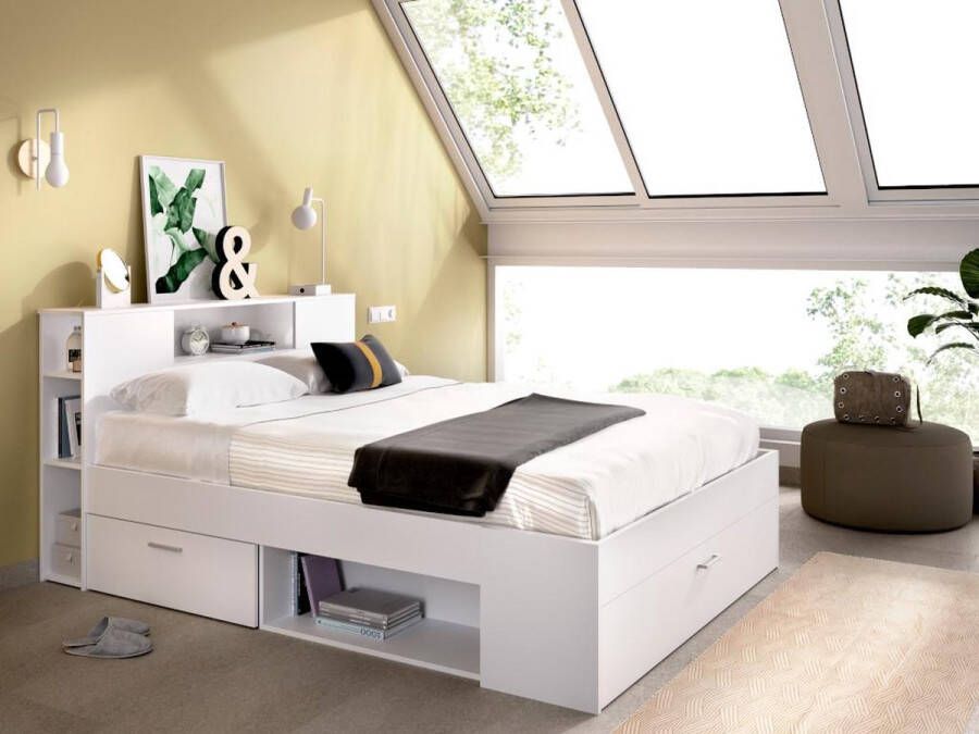Bed met hoofdeinde met opbergruimte en lades 140 x 190 cm wit + bedbodem + matras LEANDRE L 218.5 cm x H 95 cm x D 149.6 cm