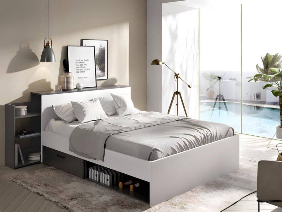 Bed met hoofdeinde met opbergruimte en lades 140 x 190 cm wit en antraciet + bedbodem + matras FLORIAN L 223 cm x H 83 cm x D 146 cm