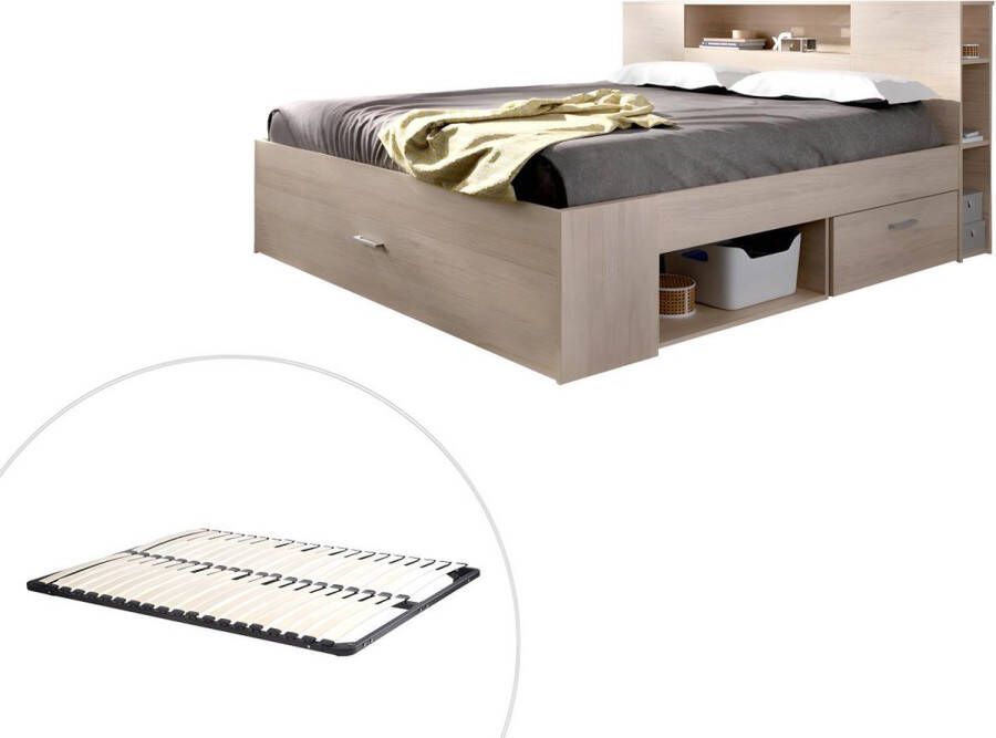 Vente-unique Bed met hoofdeinde met opbergruimte en lades 160 x 200 cm naturel + bedbodem LEANDRE L 228.5 cm x H 95 cm x D 169.5 cm - Foto 3