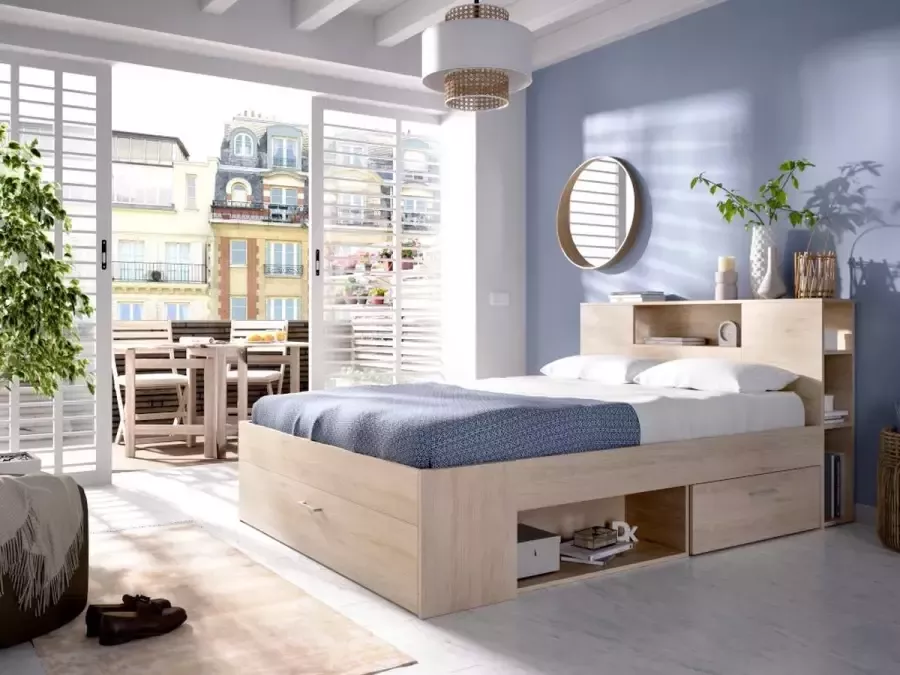 Vente-unique Bed met hoofdeinde met opbergruimte en lades 160 x 200 cm naturel + bedbodem LEANDRE L 228.5 cm x H 95 cm x D 169.5 cm - Foto 4
