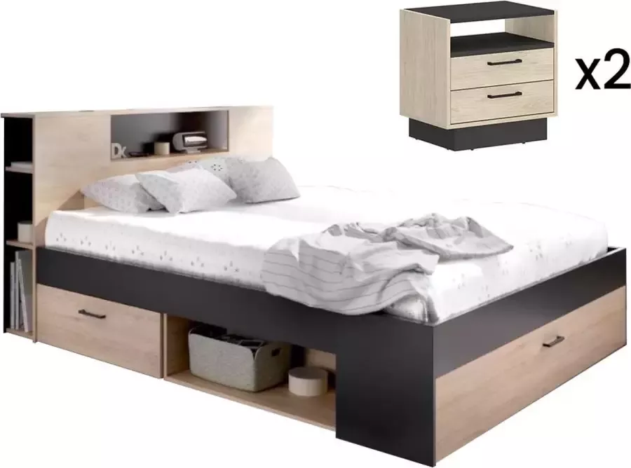 Vente-unique Bed met hoofdeinde met opbergruimte en lades 160 x 200 cm naturel en antraciet + nachtkastjes LEANDRE L 228.5 cm x H 95 cm x D 169.5 cm - Foto 3