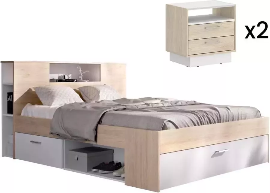Vente-unique Bed met hoofdeinde met opbergruimte en lades 160 x 200 cm naturel en wit + nachtkastjes LEANDRE L 228.5 cm x H 95 cm x D 169.5 cm - Foto 3