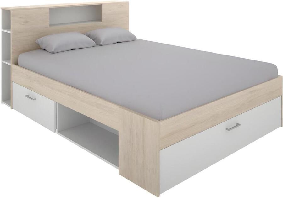 Vente-unique Bed met hoofdeinde opbergruimte en lades 140 x 190 cm Wit en naturel LEANDRE L 218.5 cm x H 95 cm x D 149.6 cm - Foto 2