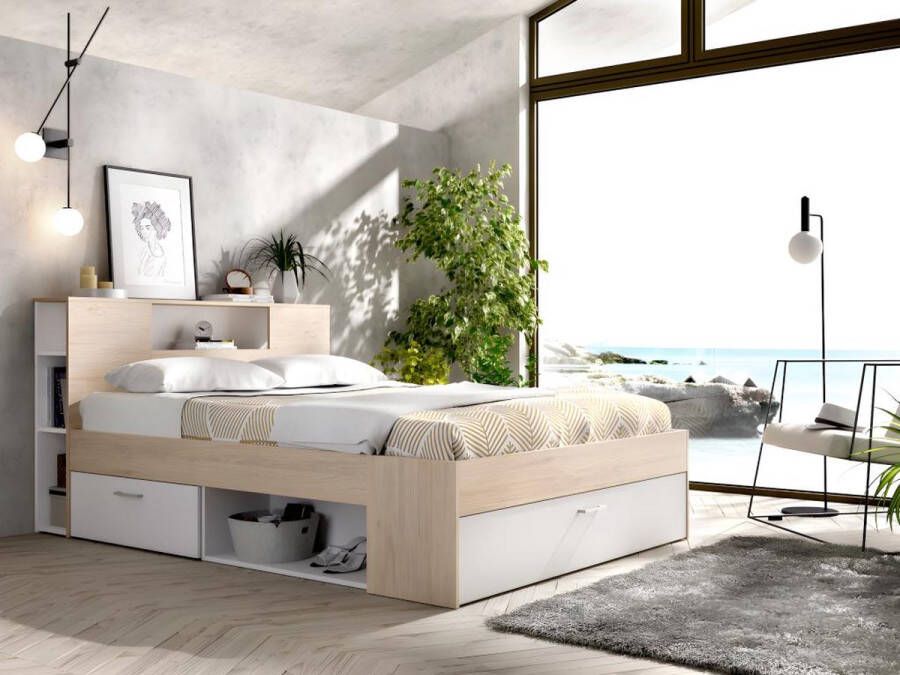 Bed met hoofdeinde opbergruimte en lades 140 x 190 cm Wit en naturel LEANDRE L 218.5 cm x H 95 cm x D 149.6 cm - Foto 1
