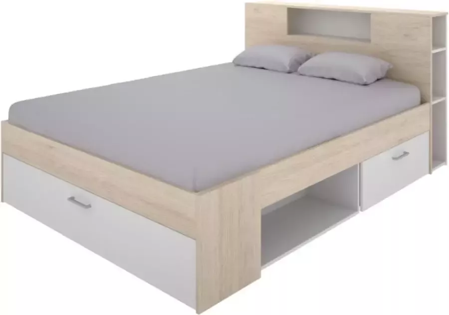 Bed met hoofdeinde opbergruimte en lades 140 x 190 cm Wit en naturel LEANDRE L 218.5 cm x H 95 cm x D 149.6 cm - Foto 2