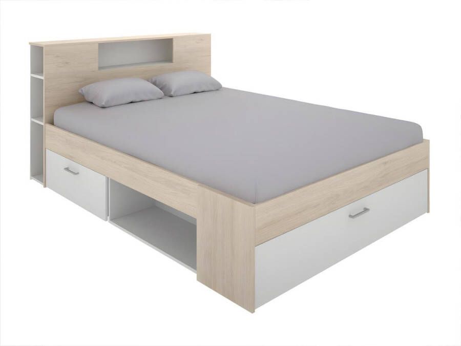 Vente-unique Bed met hoofdeinde opbergruimte en lades 160 x 200 cm Wit en naturel LEANDRE L 228.5 cm x H 95 cm x D 169.5 cm