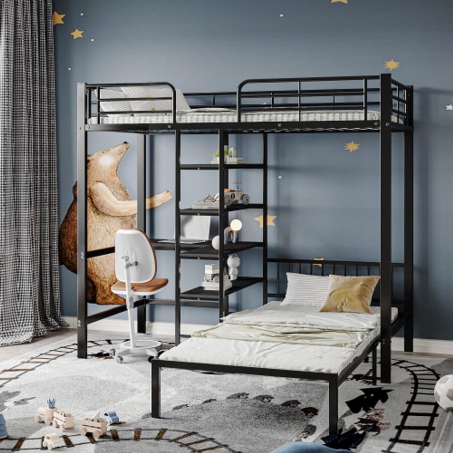 Bed met ijzeren frame stapelbed met tafel en planken geschikt voor kinderen en tieners met vijf-traps haakse ladder vier zijhekken op het bovenste bed ijzer + MDF zwart 90x200cm