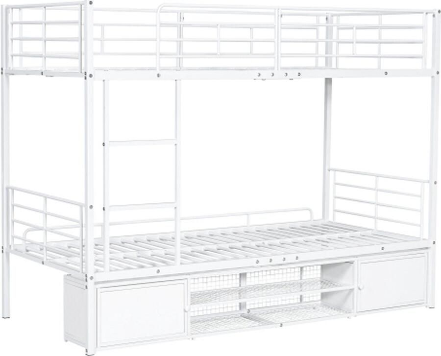 GOTAGEE Bed met ijzeren frame stapelbed open schoenenkast kleine opbergkast met dubbele deur geschikt voor kinderen en tieners kinderbed met zijladder met valbeveiligingsrooster ijzer wit 90x200cm