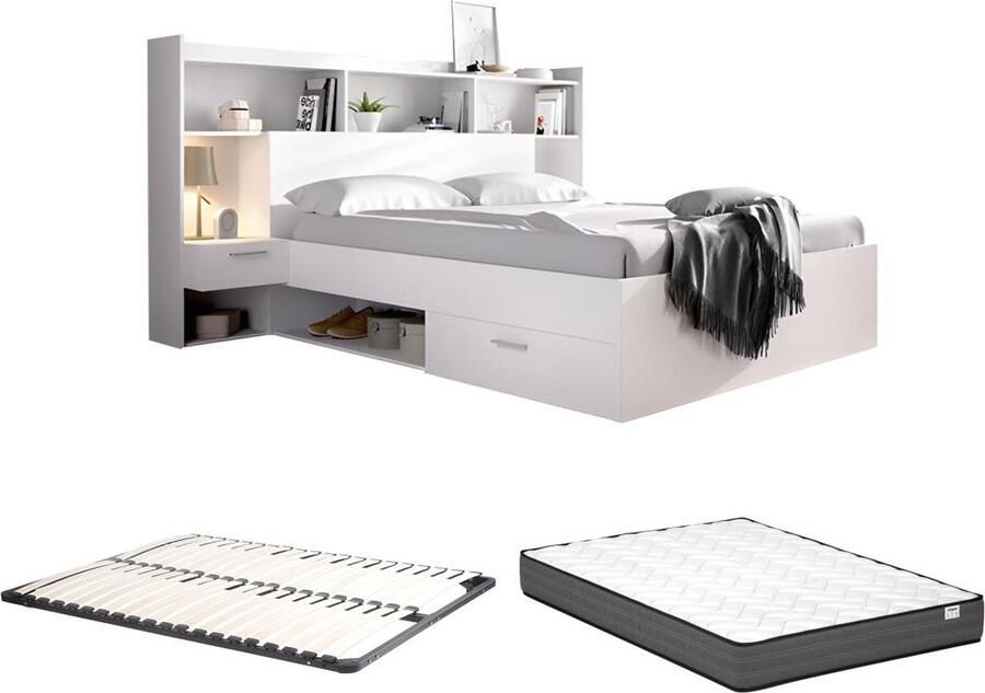 Bed met ingebouwde opbergvakken en nachtkastjes 140 x 190 cm Wit + bedbodem + matras KEVIN L 239 cm x H 120.5 cm x D 219 cm - Foto 2