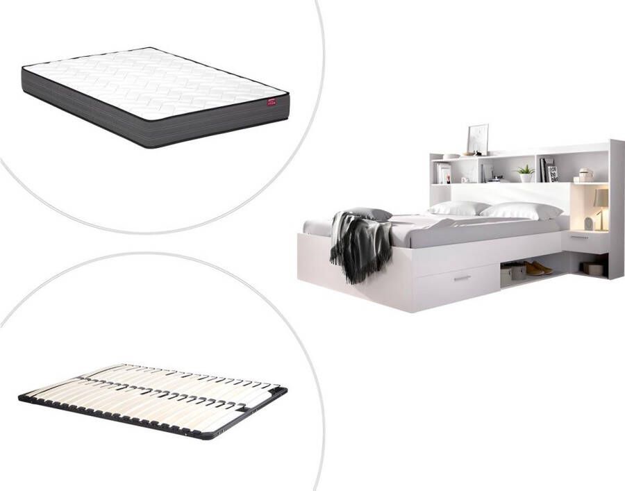 Bed met ingebouwde opbergvakken en nachtkastjes 140 x 190 cm Wit + bedbodem + matras KEVIN L 239 cm x H 120.5 cm x D 219 cm - Foto 3