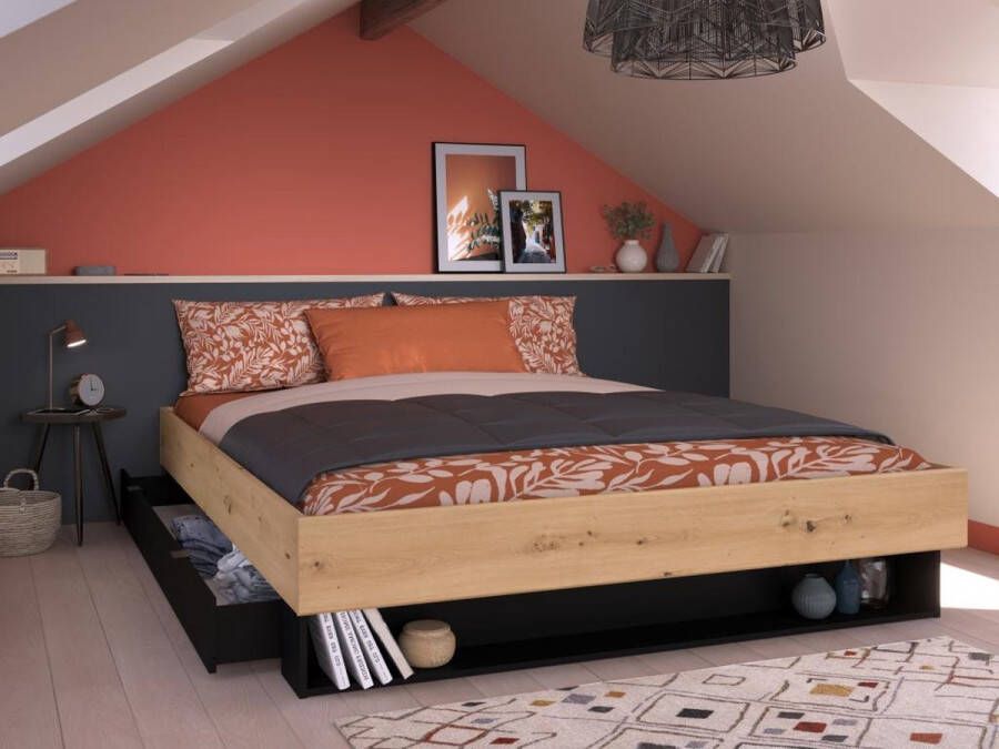 Vente-unique Bed met lade en opbergvak 160 x 200 cm Houtlook en zwart + Bedbodem MISTA L 164 cm x H 28 cm x D 206 cm