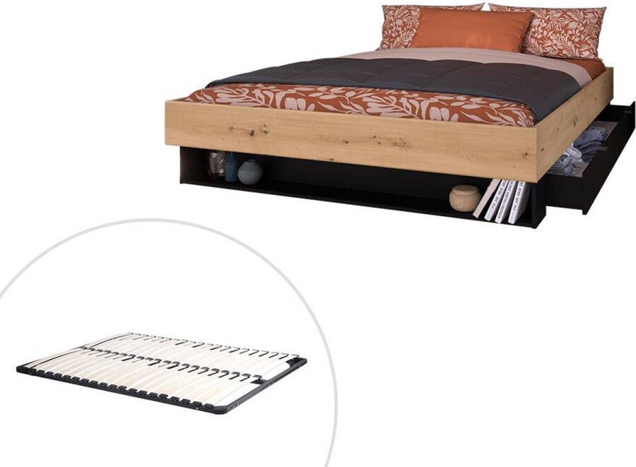 Vente-unique Bed met lade en opbergvak 160 x 200 cm Houtlook en zwart + Bedbodem MISTA L 164 cm x H 28 cm x D 206 cm - Foto 2