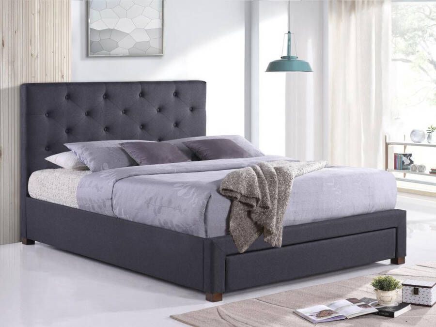 Bed met lades en gewatteerd hoofdbord AGOSTINI stof 140 x 190 cm Grijs L 207 cm x H 118 cm x D 145 cm