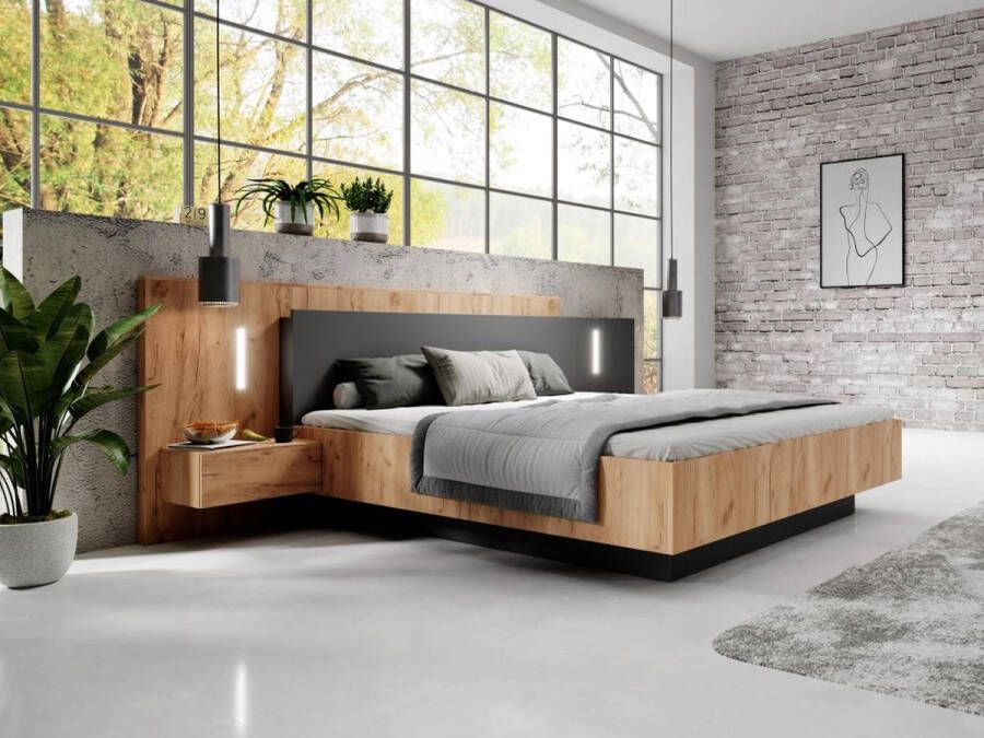 Vente-unique Bed met nachtkastjes 140 x 190 cm 2 lades Met ledverlichting naturel en antraciet + bedbodem FRANCOLI L 244.4 cm x H 102 cm x D 208.2 cm - Foto 2