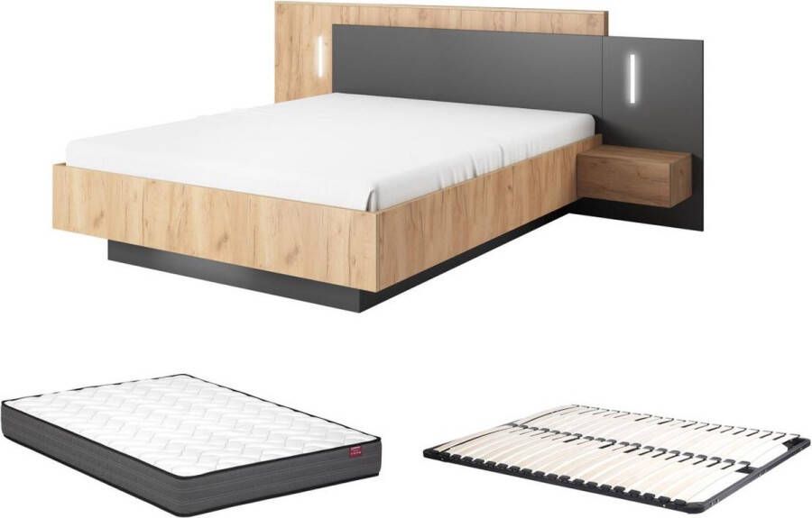 Vente-unique Bed met nachtkastjes 140 x 190 cm 2 lades Met ledverlichting naturel en antraciet + bedbodem + matras FRANCOLI L 244.4 cm x H 102 cm x D 208.2 cm