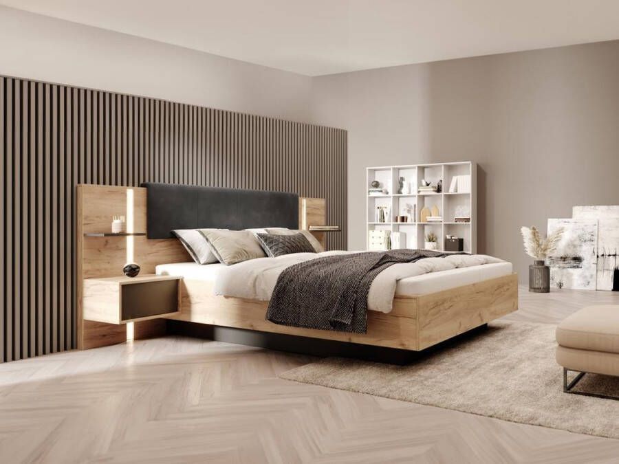 Vente-unique Bed met nachtkastjes – 140 x 190 cm – Met ledverlichting – houtlook en antraciet – Met bedbodem – ELYNIA L 236.4 cm x H 104.4 cm x D 200 cm - Foto 3