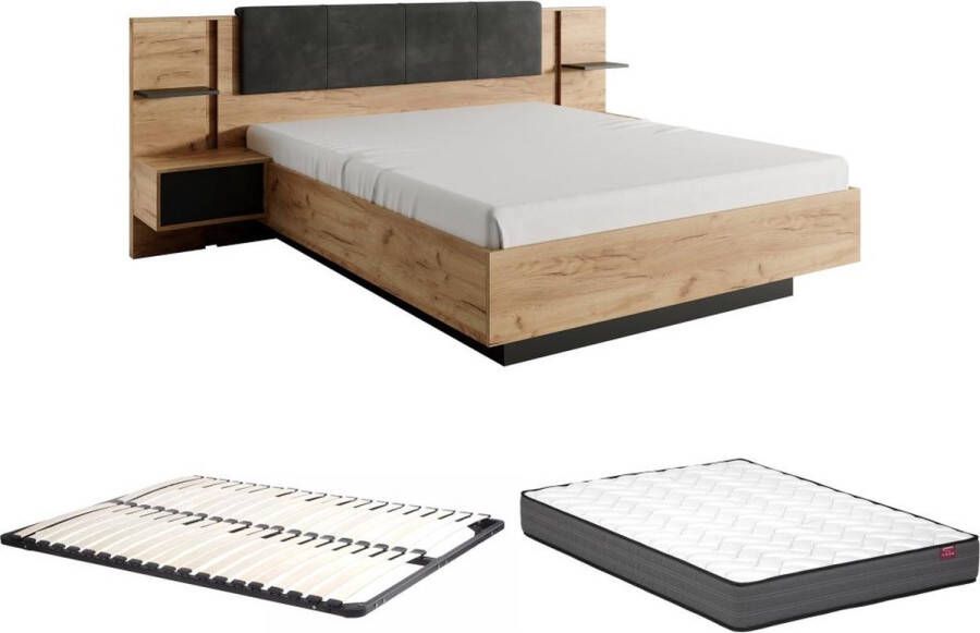 Vente-unique Bed met nachtkastjes – 140 x 190 cm – Met ledverlichting – houtlook en antraciet – Met bedbodem – Met matras – ELYNIA L 236.4 cm x H 104.4 cm x D 200 cm - Foto 2