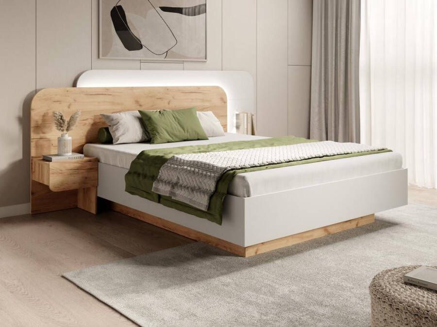 Vente-unique Bed met nachtkastjes 160 x 200 cm Met ledverlichting naturel en wit DESADO L 245.2 cm x H 115.6 cm x D 208.8 cm