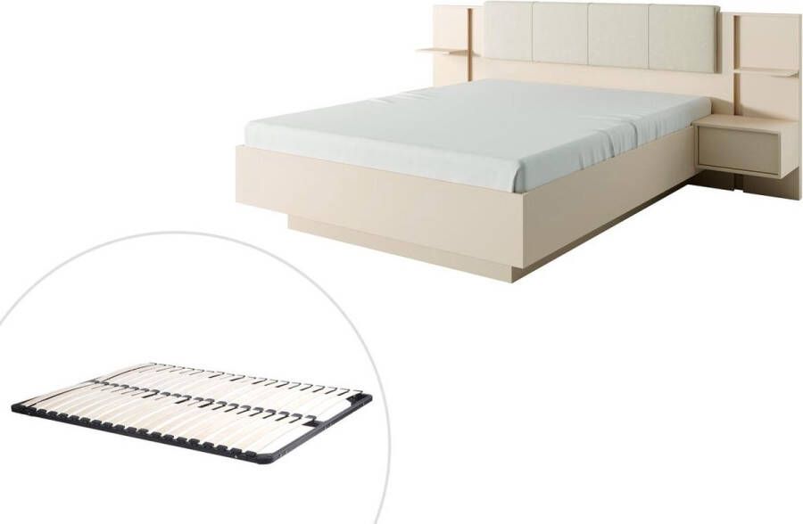 Vente-unique Bed met nachtkastjes 160 x 200 cm Met ledverlichting beige + bedbodem ELYNIA L 256.4 cm x H 104.4 cm x D 210 cm - Foto 4