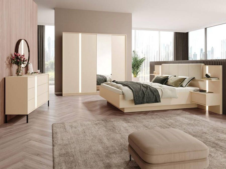 Vente-unique Bed met nachtkastjes 160 x 200 cm Met ledverlichting beige + bedbodem ELYNIA L 256.4 cm x H 104.4 cm x D 210 cm - Foto 3