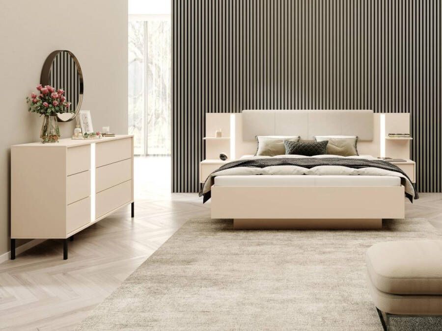 Vente-unique Bed met nachtkastjes 160 x 200 cm Met ledverlichting beige + bedbodem + matras ELYNIA L 256.4 cm x H 104.4 cm x D 210 cm