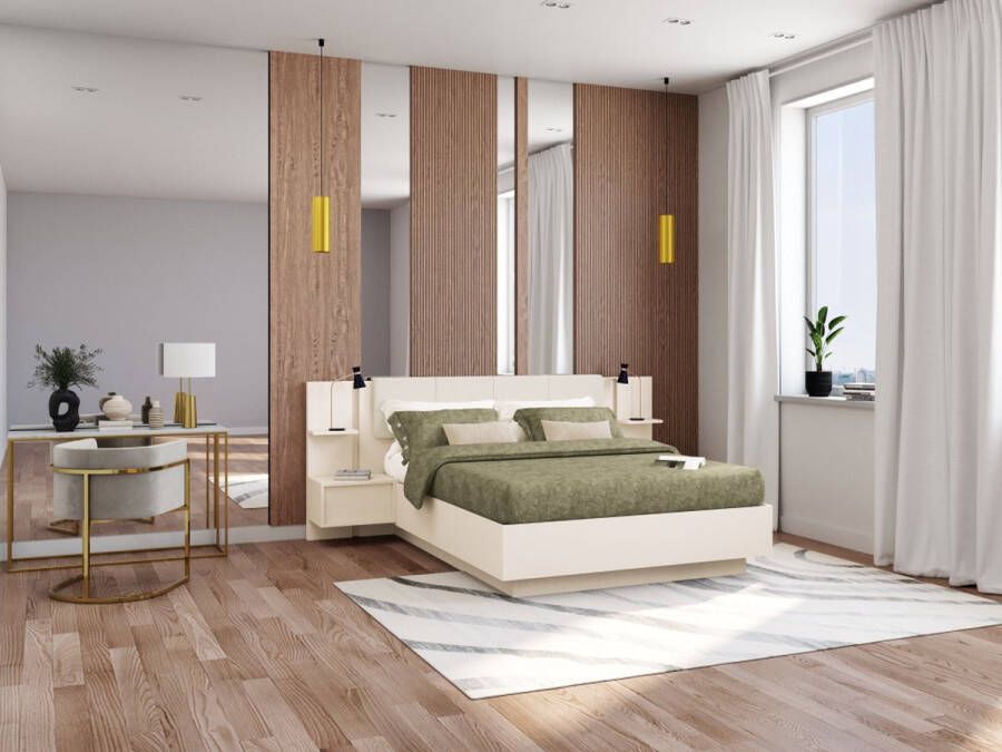 Vente-unique Bed met nachtkastjes 160 x 200 cm Met ledverlichting beige + bedbodem + matras ELYNIA L 256.4 cm x H 104.4 cm x D 210 cm - Foto 2
