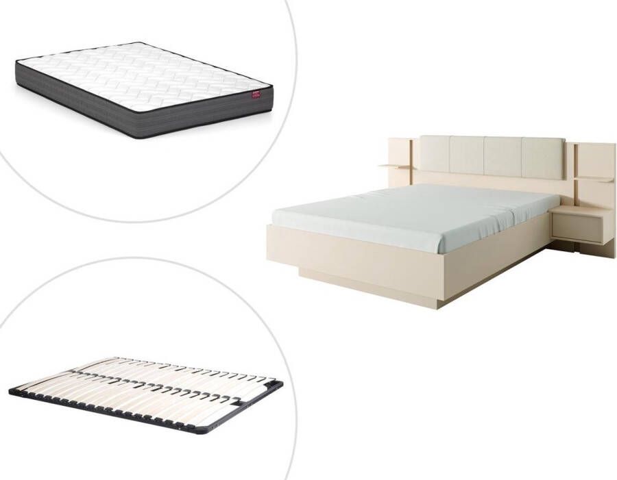 Vente-unique Bed met nachtkastjes 160 x 200 cm Met ledverlichting beige + bedbodem + matras ELYNIA L 256.4 cm x H 104.4 cm x D 210 cm - Foto 4