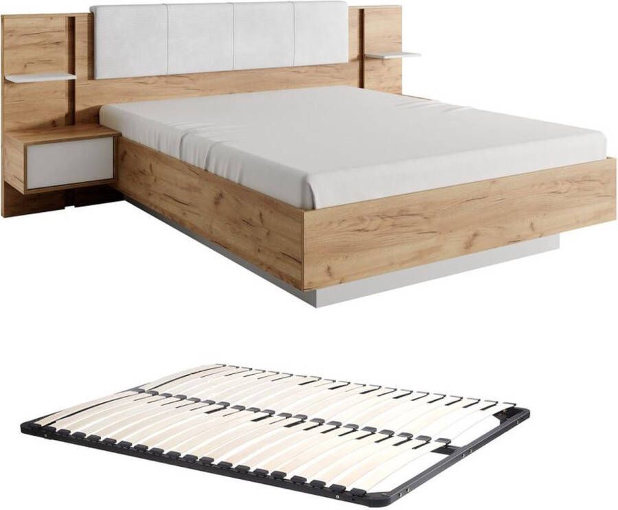 Vente-unique Bed met nachtkastjes 160 x 200 cm Met ledverlichting houtlook en wit + bedbodem ELYNIA L 256.4 cm x H 104.4 cm x D 210 cm - Foto 3