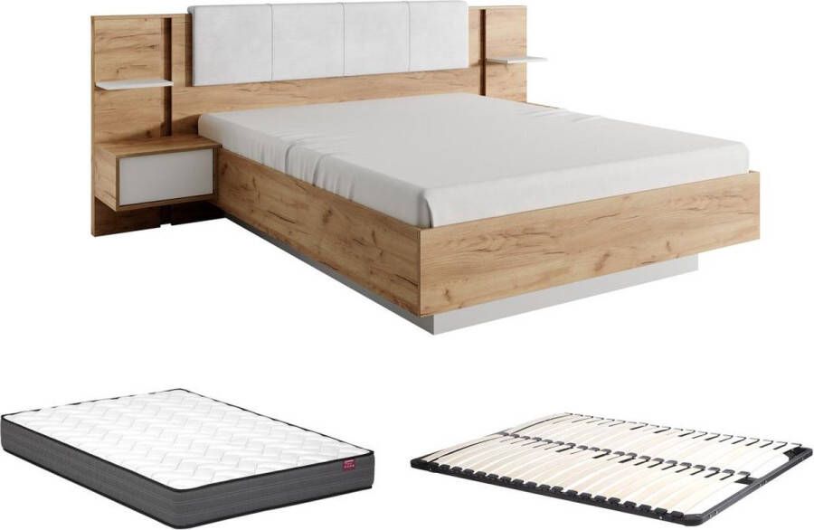 Vente-unique Bed met nachtkastjes 160 x 200 cm Met ledverlichting houtlook en wit + bedbodem + matras ELYNIA L 256.4 cm x H 104.4 cm x D 210 cm - Foto 3