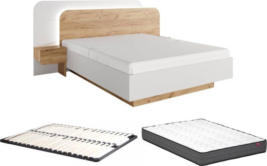 Vente-unique Bed met nachtkastjes 160 x 200 cm Met ledverlichting houtlook en wit – Met bedbodem – Met matras – DESADO L 245.2 cm x H 115.6 cm x D 208.8 cm - Foto 5