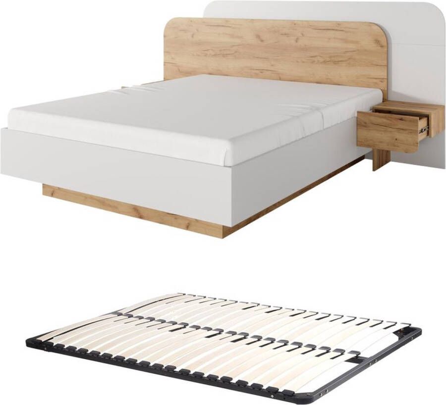 Vente-unique Bed met nachtkastjes – 160 x 200 cm – Met ledverlichting – Kleuren: houtlook en wit – Met bedbodem – DESADO L 245.2 cm x H 115.6 cm x D 208.8 cm