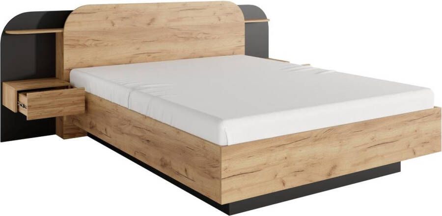Vente-unique Bed met nachtkastjes 160 x 200 cm Met ledverlichting naturel en zwart JUVISIA L 249 cm x H 95 cm x D 223 cm - Foto 3