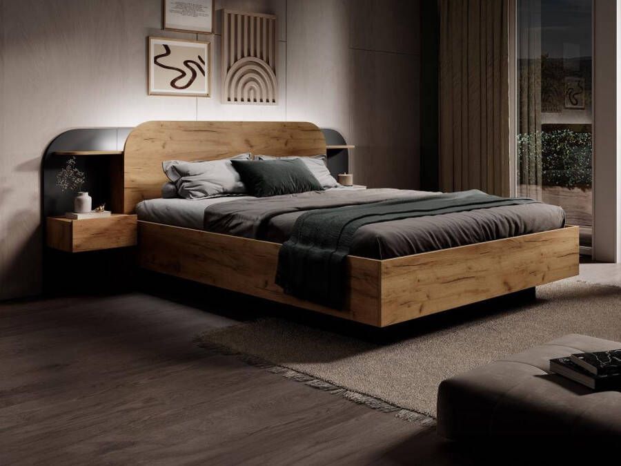 Vente-unique Bed met nachtkastjes 160 x 200 cm Met ledverlichting naturel en zwart JUVISIA L 249 cm x H 95 cm x D 223 cm