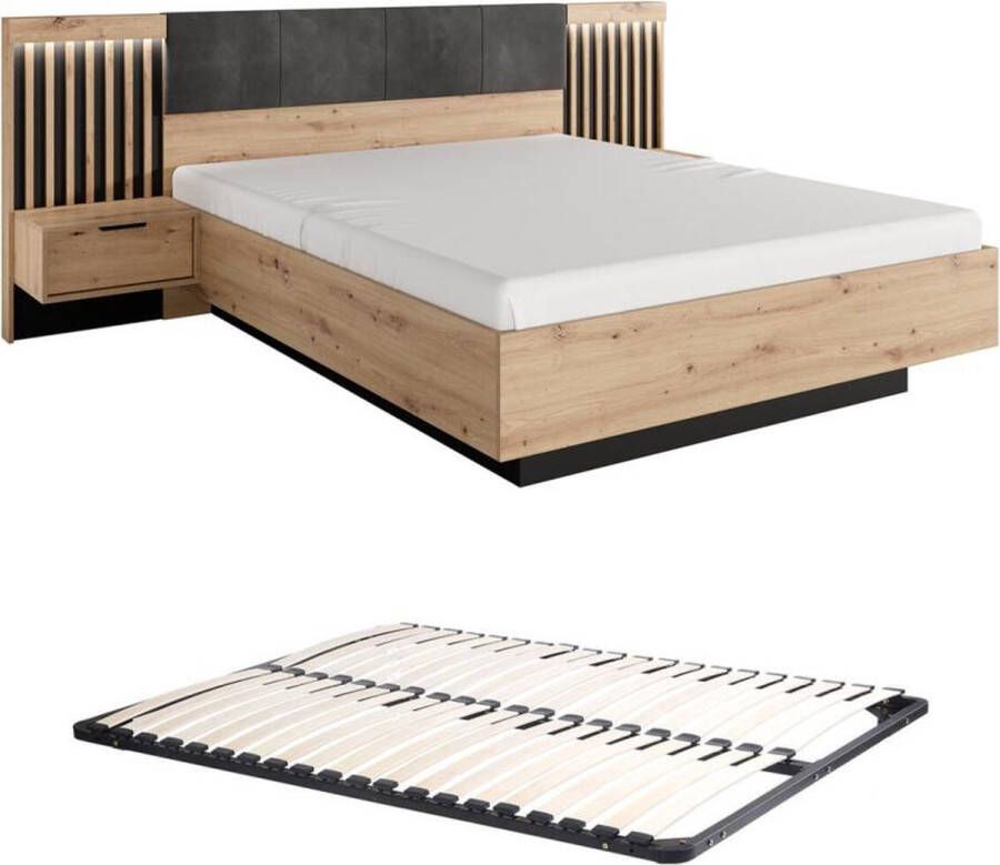 Vente-unique Bed met nachtkastjes 160 x 200 cm Met ledverlichting naturel en zwart + lattenbodem ARIADA L 264 cm x H 104 cm x D 210 cm - Foto 3