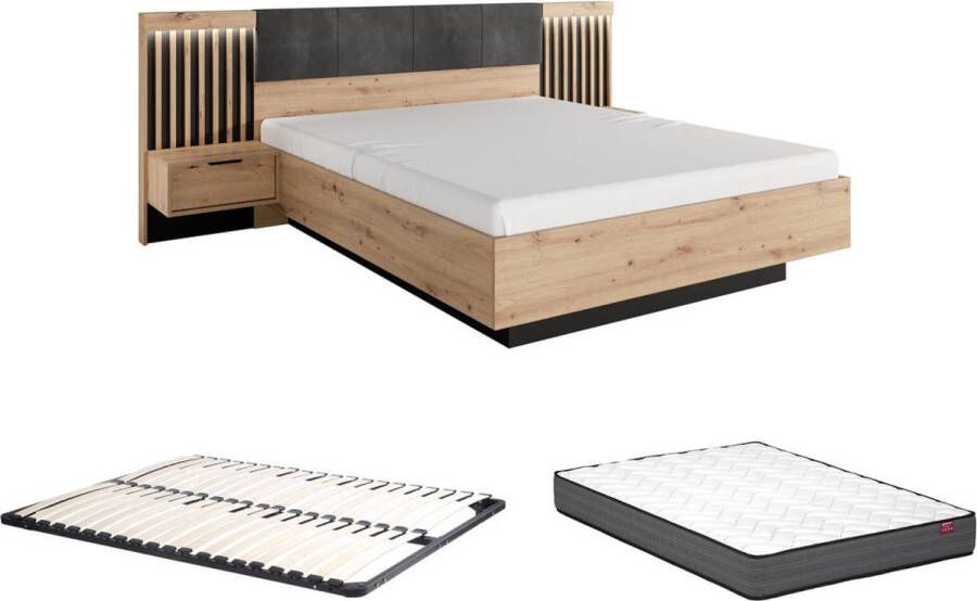 Vente-unique Bed met nachtkastjes 160 x 200 cm Met ledverlichting naturel en zwart + lattenbodem + matras ARIADA L 264 cm x H 104 cm x D 210 cm