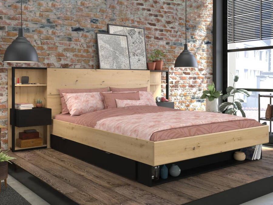 Vente-unique Bed met nachtkastjes en opbergruimte 160 x 200 cm naturel en zwart + bedbodem + matras MISTA L 255.1 cm x H 102.6 cm x D 244.9 cm - Foto 2