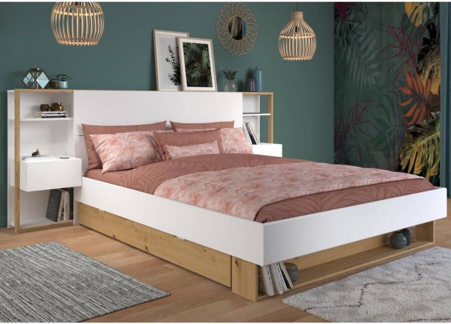 Vente-unique Bed met nachtkastjes en opbergruimte 160 x 200 cm wit en naturel + bedbodem + matras MISTA L 255.1 cm x H 102.6 cm x D 244.9 cm - Foto 2