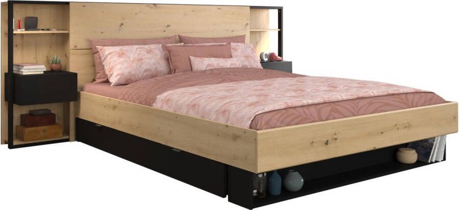 Bed met nachtkastjes en opbergruimtes 160 x 200 cm Naturel en zwart MISTA L 255.1 cm x H 102.6 cm x D 244.9 cm