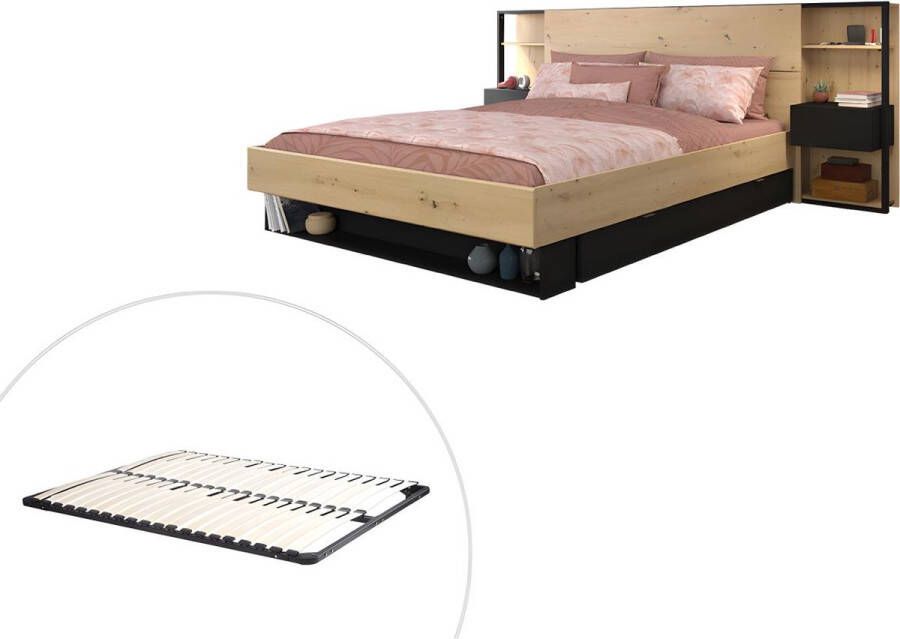 Vente-unique Bed met nachtkastjes en opbergvakken 160 x 200 cm Kleuren: Houtlook en zwart + Bedbodem MISTA L 255.1 cm x H 102.6 cm x D 244.9 cm - Foto 2