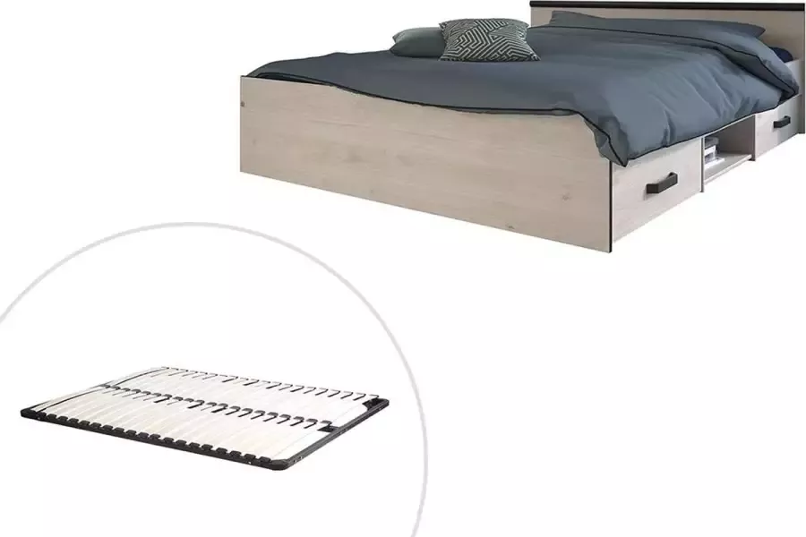 Vente-unique Bed met opbergruimte 140 x 190 cm 2 laden en 1 nis naturel + bedbodem PABLO L 145.8 cm x H 58.9 cm x D 193 cm - Foto 5