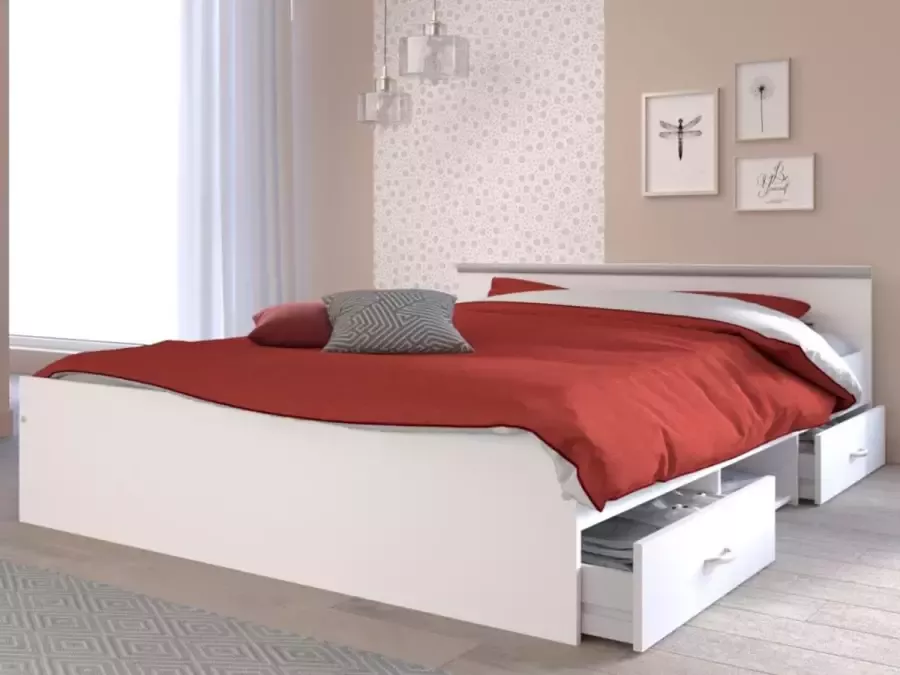 Vente-unique Bed met opbergruimte 140 x 190 cm 2 laden en 1 nis wit + bedbodem PABLO L 145.8 cm x H 58.9 cm x D 193 cm - Foto 4